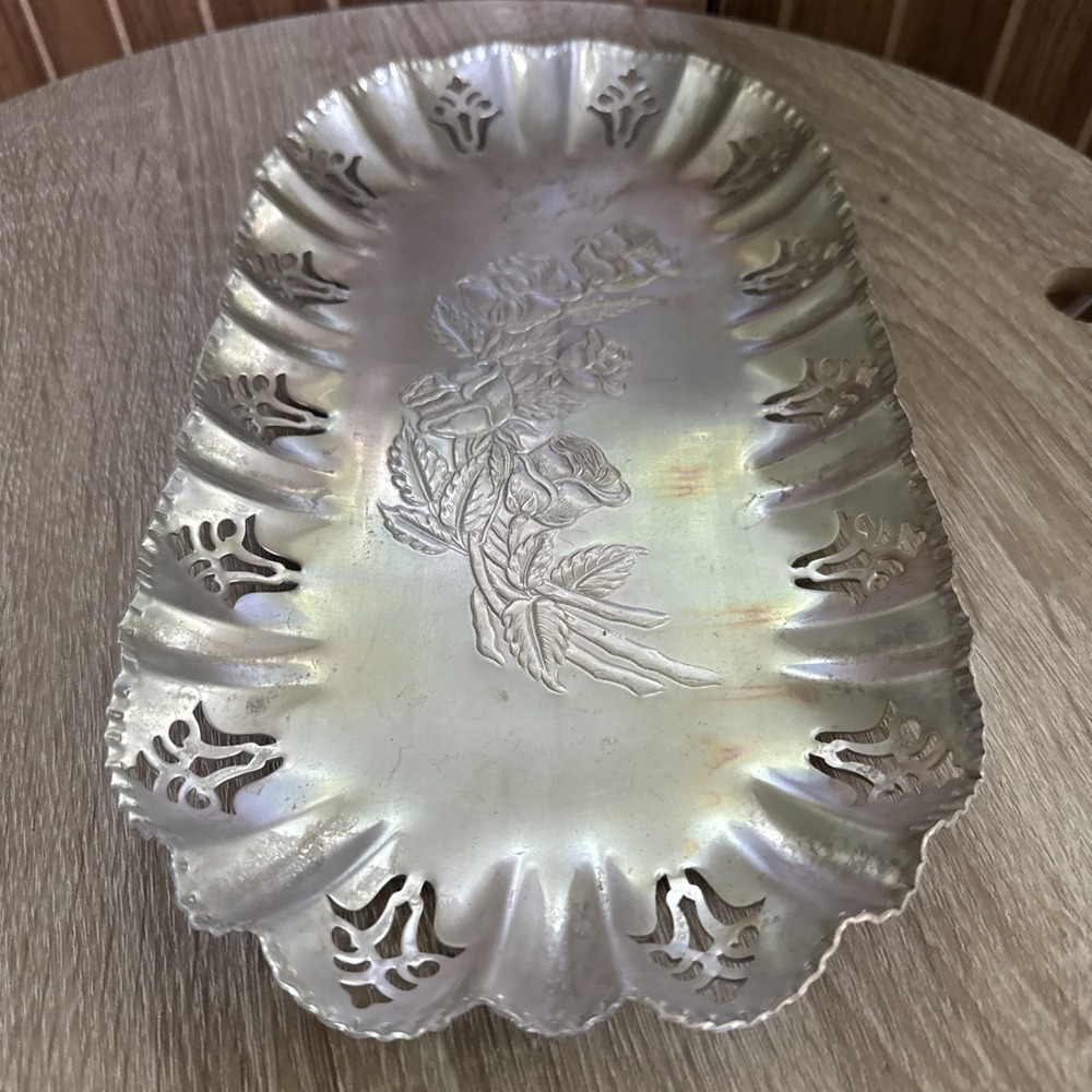 Vintage Pinched Oval Aluminum Metal Tray w Embossed Rose Flowers in Center  –
